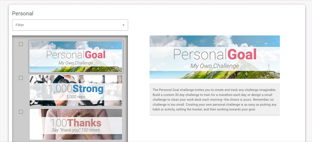 Screen shot of personal goal page