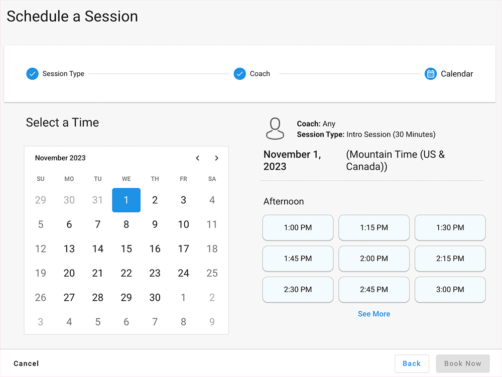 Schedule a Session screen shot