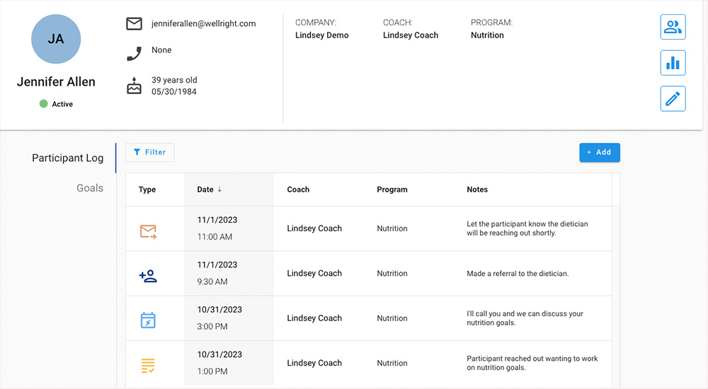 Participant log screen shot