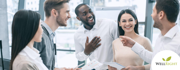 5 hr co-workers with happy disposition discussing wellbeing