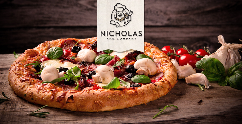 tilllife of pizza with whole mushrooms, basil and olives with Nicholas and Company logo superimposed on top