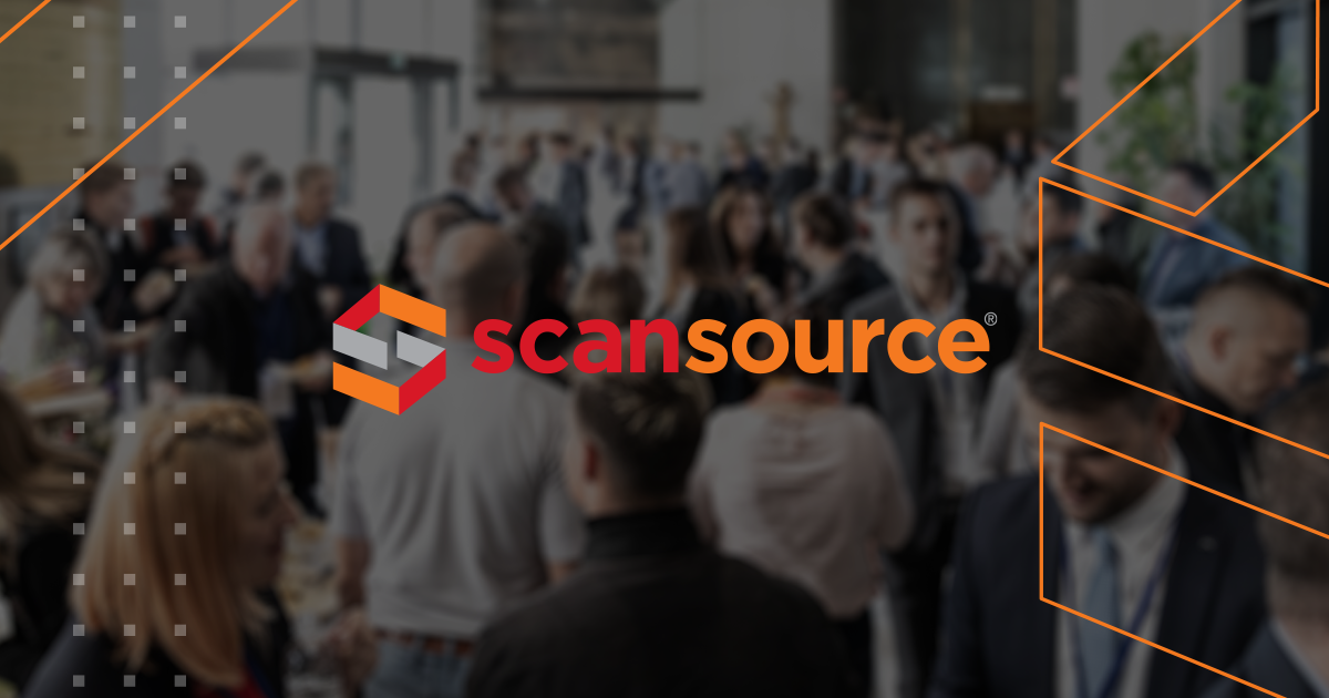 Scan source red and orange logo on top of a blurred, duotone image of a crowd of people